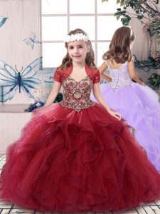 Straps Sleeveless Little Girls Pageant Dress Floor Length Beading Red Tulle