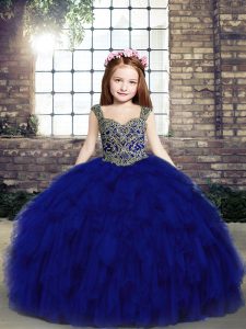 Graceful Royal Blue Lace Up Straps Beading and Ruffles Pageant Dress for Girls Tulle Sleeveless