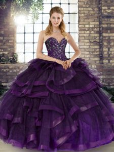 Discount Purple Lace Up Sweetheart Beading and Ruffles 15 Quinceanera Dress Tulle Sleeveless
