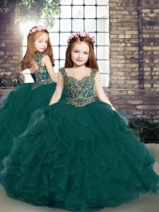 Peacock Green Sleeveless Floor Length Beading and Ruffles Lace Up Pageant Gowns For Girls