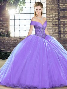 Lavender Lace Up Off The Shoulder Beading Quince Ball Gowns Organza Sleeveless Brush Train