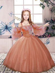 Rust Red Ball Gowns Tulle Straps Sleeveless Beading Floor Length Lace Up Child Pageant Dress