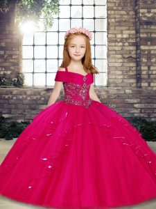 Fashionable Fuchsia Little Girls Pageant Gowns Party and Sweet 16 and Wedding Party with Beading Straps Sleeveless Lace Up