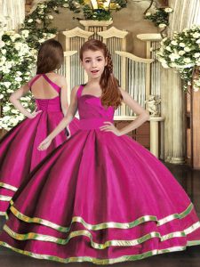 Best Fuchsia Little Girl Pageant Gowns Party and Sweet 16 and Wedding Party with Ruffled Layers and Ruching Straps Sleeveless Lace Up