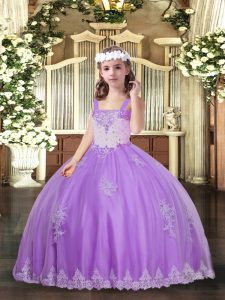 Lavender Lace Up Pageant Gowns For Girls Appliques Sleeveless Floor Length