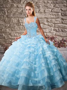 Blue Sleeveless Beading and Ruffled Layers Lace Up Sweet 16 Quinceanera Dress
