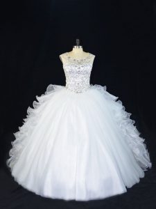Cheap White Lace Up Scoop Beading Quinceanera Gown Organza Sleeveless