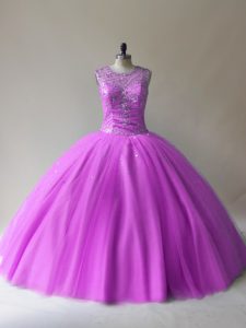 Luxury Lilac Ball Gowns Tulle Scoop Sleeveless Beading Floor Length Lace Up Sweet 16 Dresses