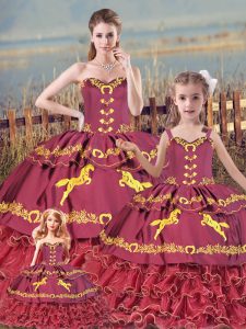 Free and Easy Burgundy Sleeveless Satin and Organza Zipper Quinceanera Dresses for Sweet 16 and Quinceanera