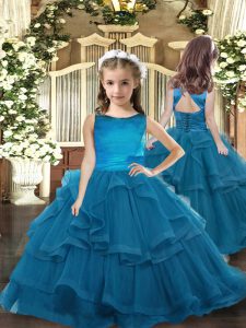 Custom Made Floor Length Ball Gowns Sleeveless Teal Kids Formal Wear Lace Up