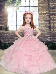Amazing Floor Length Ball Gowns Sleeveless Pink Kids Pageant Dress Lace Up