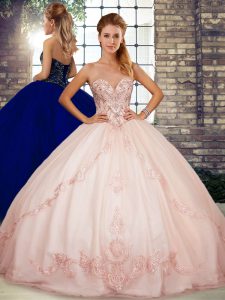 Pink Ball Gowns Beading and Embroidery 15 Quinceanera Dress Lace Up Tulle Sleeveless Floor Length