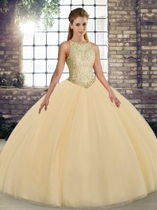 Charming Floor Length Lace Up Quince Ball Gowns Gold for Military Ball and Sweet 16 and Quinceanera with Embroidery