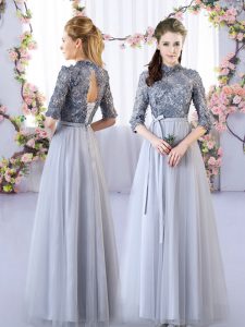Best Selling Grey Half Sleeves Floor Length Appliques Lace Up Quinceanera Court Dresses