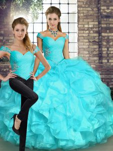 New Arrival Aqua Blue Sleeveless Organza Lace Up Vestidos de Quinceanera for Military Ball and Sweet 16 and Quinceanera