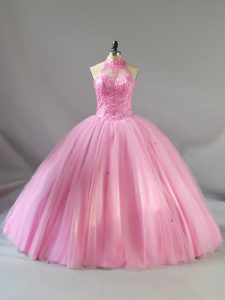 Flare Baby Pink Sleeveless Beading Floor Length Quince Ball Gowns