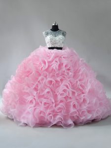Baby Pink Quince Ball Gowns Fabric With Rolling Flowers Brush Train Sleeveless Beading and Ruffles