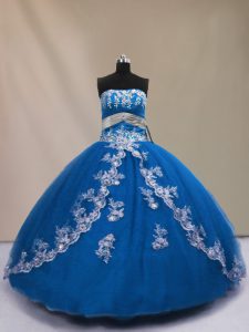 Decent Strapless Sleeveless Sweet 16 Dresses Floor Length Appliques Blue Tulle