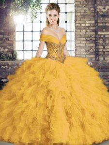 Shining Floor Length Lace Up Ball Gown Prom Dress Gold for Military Ball and Sweet 16 and Quinceanera with Beading and Ruffles