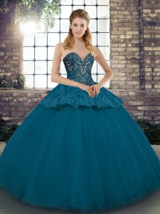 Beauteous Beading and Appliques Sweet 16 Dress Blue Lace Up Sleeveless Floor Length