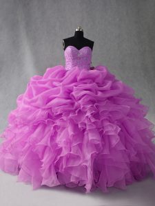 Designer Sleeveless Organza Floor Length Lace Up Quinceanera Dress in Lilac with Beading and Ruffles and Pick Ups
