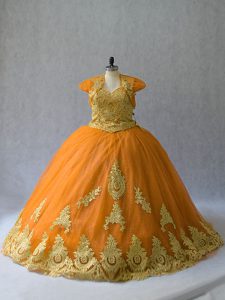 Elegant Gold Lace Up Quinceanera Dress Appliques Sleeveless Court Train
