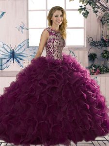 Dark Purple Sleeveless Organza Lace Up 15th Birthday Dress for Military Ball and Sweet 16 and Quinceanera