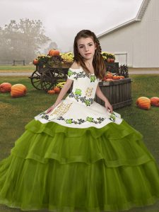 Floor Length Ball Gowns Sleeveless Olive Green Child Pageant Dress Lace Up