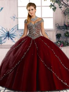 Sweetheart Cap Sleeves Quinceanera Gowns Brush Train Beading Wine Red Tulle