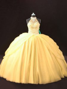High End Gold Halter Top Lace Up Beading and Pick Ups 15 Quinceanera Dress Sleeveless
