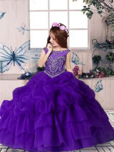 Purple Column/Sheath Beading and Pick Ups Pageant Dress for Girls Zipper Organza Sleeveless Floor Length