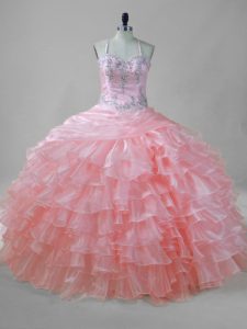 Pink Organza Lace Up Sweet 16 Dress Sleeveless Floor Length Beading and Ruffled Layers