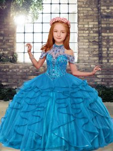 Custom Fit Sleeveless Tulle Floor Length Lace Up Pageant Dress for Girls in Teal with Beading and Ruffles