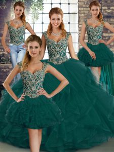 Straps Sleeveless Lace Up Sweet 16 Dresses Peacock Green Tulle