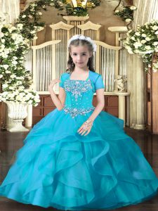 Aqua Blue Ball Gowns Beading and Ruffles Girls Pageant Dresses Lace Up Tulle Sleeveless Floor Length