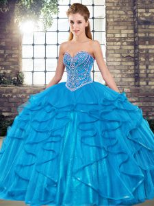 Best Selling Tulle Sweetheart Sleeveless Lace Up Beading and Ruffles Quinceanera Dresses in Blue