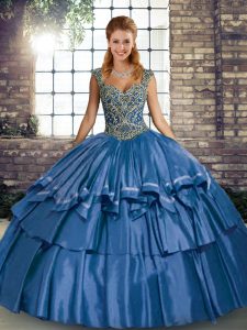 Romantic Blue Sleeveless Taffeta Lace Up Quinceanera Gowns for Military Ball and Sweet 16 and Quinceanera