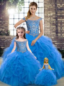 Charming Blue Sleeveless Tulle Brush Train Lace Up Sweet 16 Quinceanera Dress for Military Ball and Sweet 16 and Quinceanera
