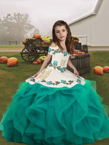 Floor Length Teal Little Girls Pageant Dress Wholesale Straps Sleeveless Lace Up