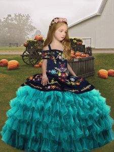 Teal Organza Lace Up Little Girls Pageant Dress Wholesale Sleeveless Floor Length Embroidery and Ruffled Layers