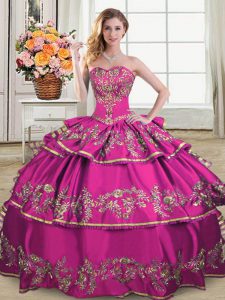 Latest Fuchsia Ball Gowns Satin and Organza Sweetheart Sleeveless Embroidery and Ruffled Layers Floor Length Lace Up Sweet 16 Dress