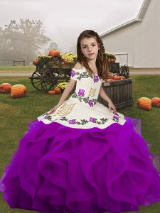 Purple Sleeveless Floor Length Embroidery and Ruffles Lace Up Little Girls Pageant Gowns