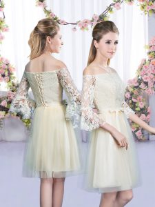 Custom Made Mini Length Champagne Dama Dress for Quinceanera Tulle 3 4 Length Sleeve Lace and Bowknot