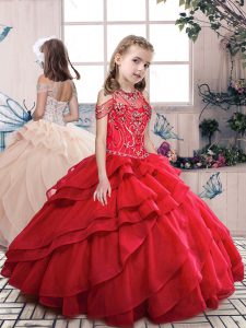 Excellent Sleeveless Lace Up Floor Length Beading and Ruffled Layers Little Girl Pageant Dress