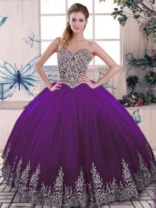 Custom Made Purple Tulle Lace Up Sweetheart Sleeveless Floor Length Party Dress Beading and Embroidery