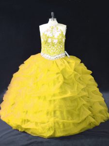 Sweet Gold Sweet 16 Dresses Sweet 16 and Quinceanera with Appliques and Pick Ups Halter Top Sleeveless Backless