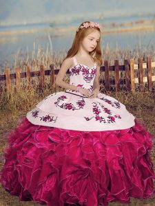 Floor Length Lace Up Little Girl Pageant Gowns Hot Pink for Party and Sweet 16 and Wedding Party with Embroidery and Ruffles