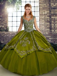 Sweet Olive Green Ball Gowns Tulle Straps Sleeveless Beading and Embroidery Floor Length Lace Up Juniors Party Dress