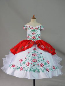 Floor Length Ball Gowns Sleeveless White And Red Little Girl Pageant Dress Lace Up