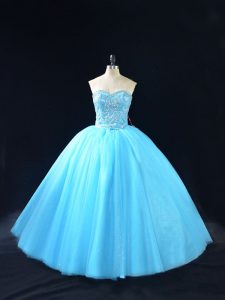 Floor Length Lace Up Sweet 16 Dresses Baby Blue for Sweet 16 and Quinceanera with Beading